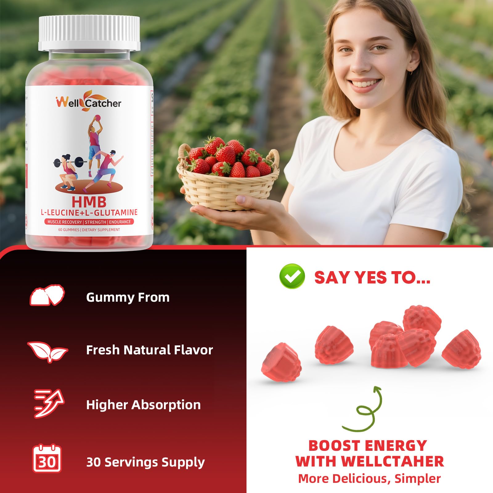 Wellcatcher gommes HMB Leucine, calcium et glutamine soutiennent l'énergie pendant l'entraînement.