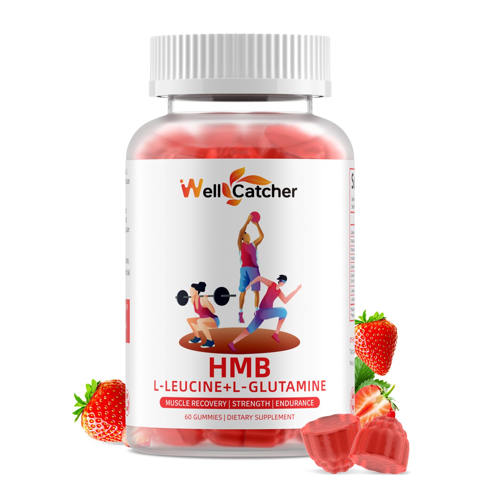 Wellcatcher gommes HMB Leucine, packaging etiquette, présentation claire du produit pour la salle de sport.