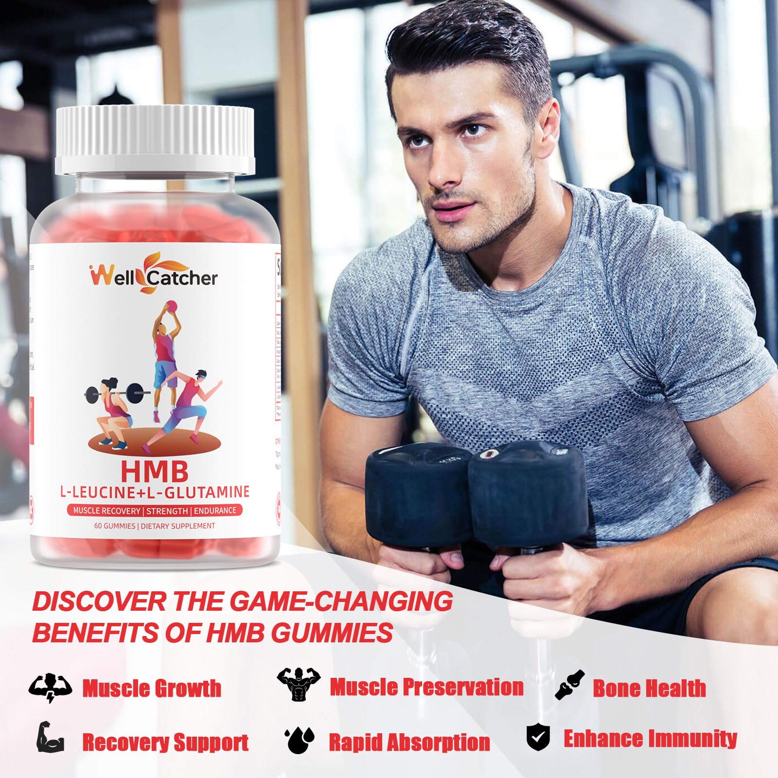Wellcatcher gommes HMB Leucine, sans sucre et vegan, option saine pour les sportifs.