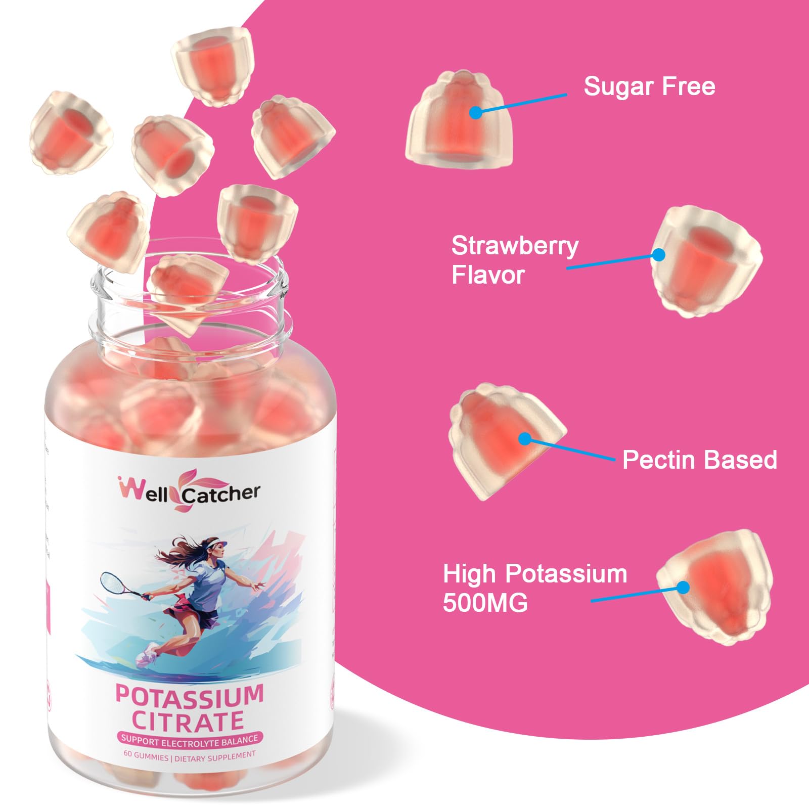 Goût Fraise des gommes Wellcatcher Potassium offre une douceur naturelle.