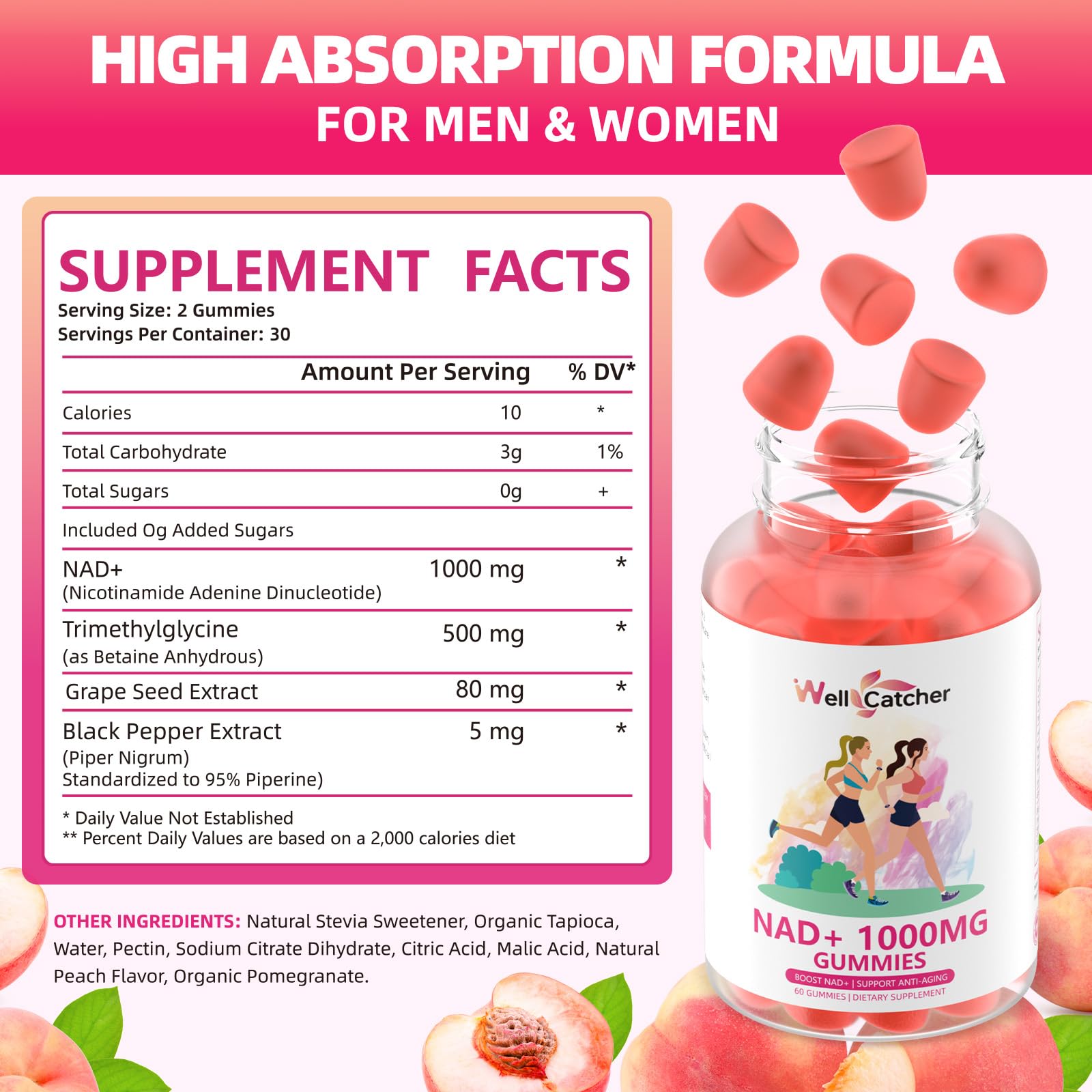 Wellcatcher NAD Plus Gummies etiquette: informations claires sur la formule et les ingrédients.
