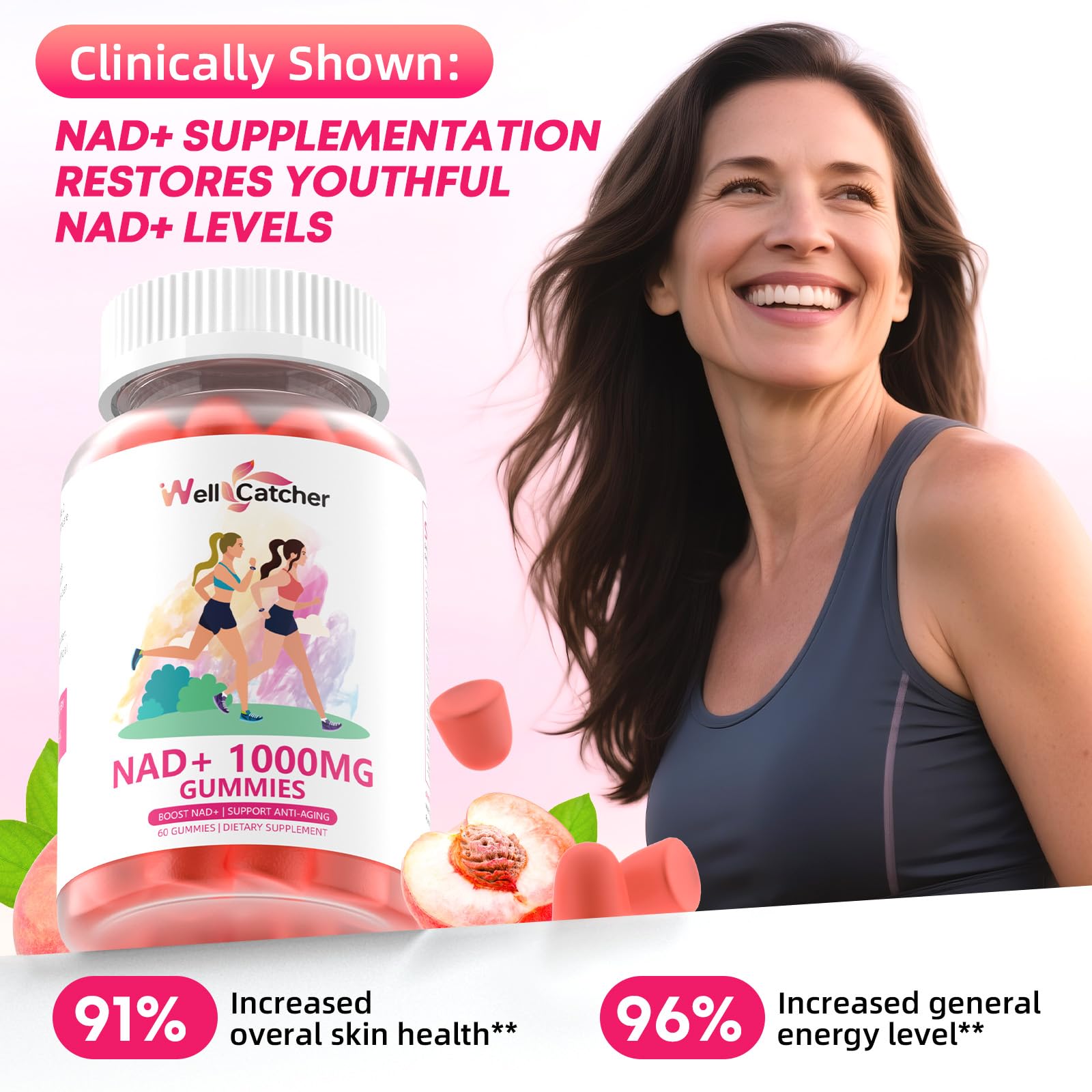 Wellcatcher NAD Plus Gummies saveur pêche: plaisir fruité sans sucre ajouté.
