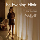 Ambiance nocturne avec le rituel calme associant WelleCo Evening Elixir.