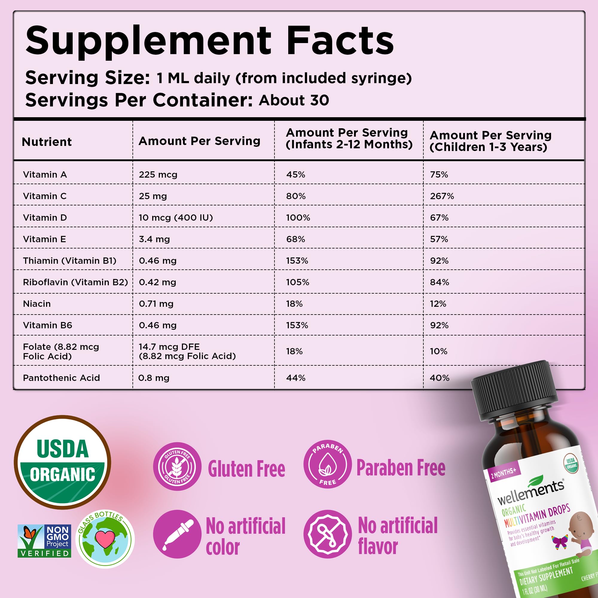 Bouteille en verre Wellements certifiée biologique pour bébé.