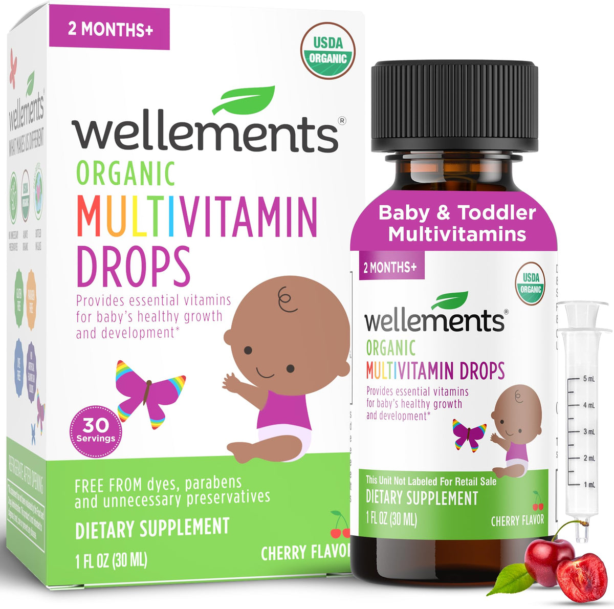 Wellements gouttes multivitamines bébé cerise – bouteille 1oz, soutien potentiel à la croissance.