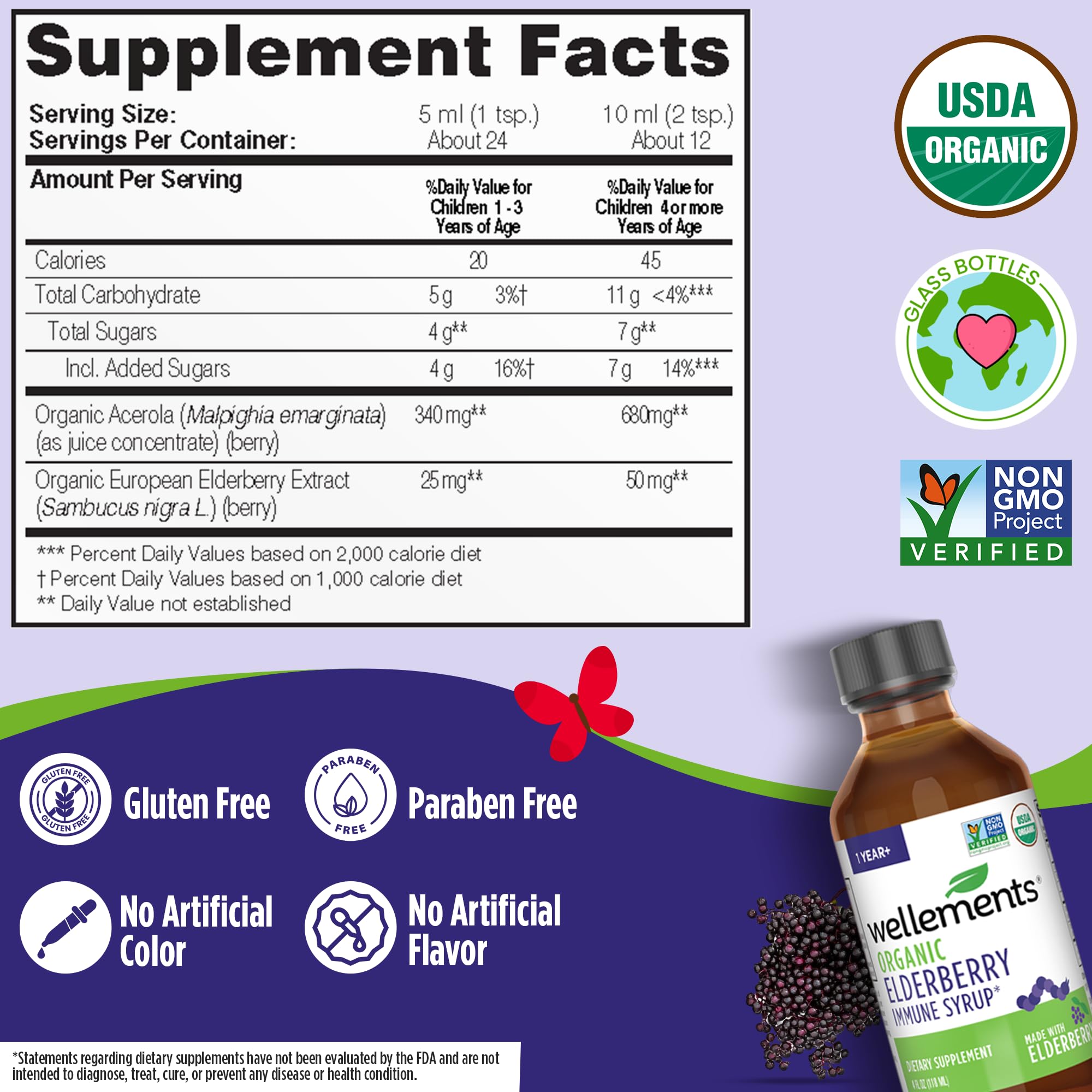 Wellements Sirop Sureau Enfant - etiquette Organique: produit certifié sans colorants ni additifs.