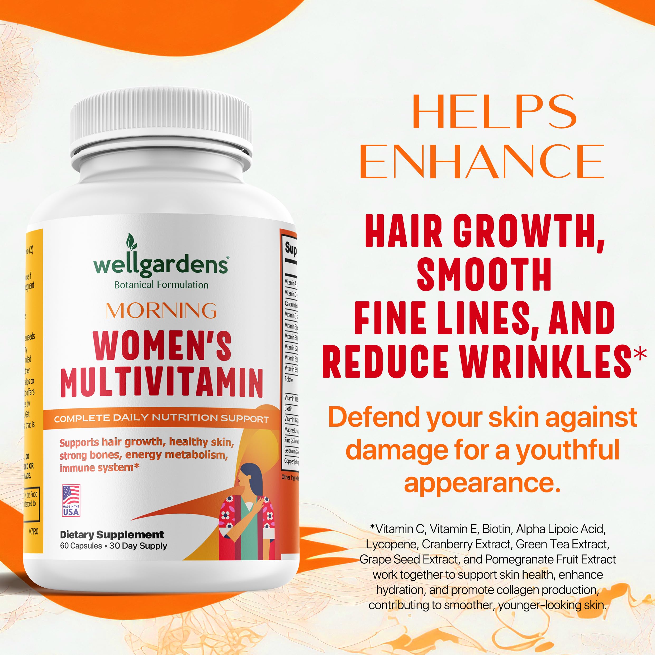 Wellgardens capsules vitamines femmes: formule complète pour peau radieuse et ongles forts.