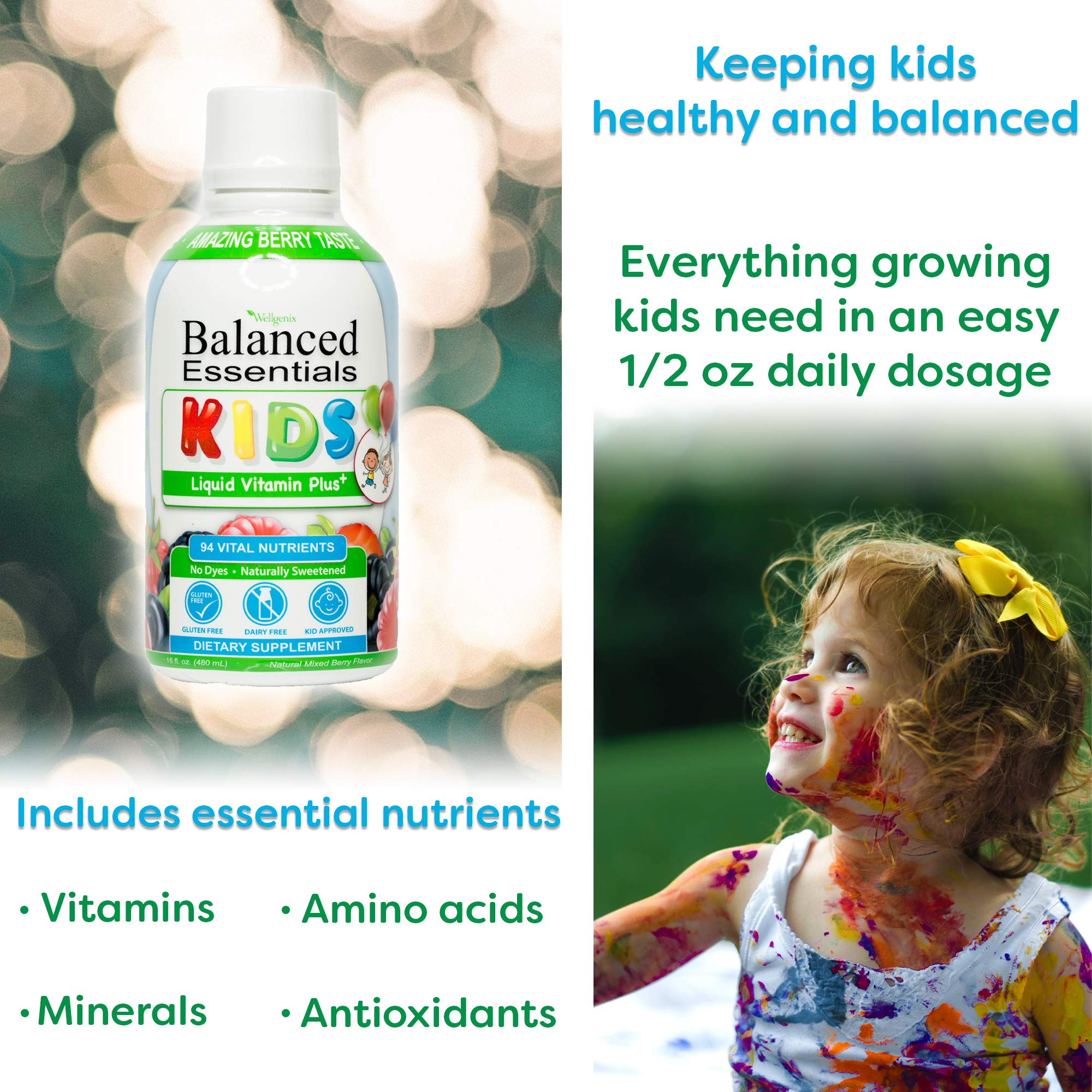 Étiquette claire Wellgenix Balanced Essentials Enfants montrant les ingrédients et le dosage.