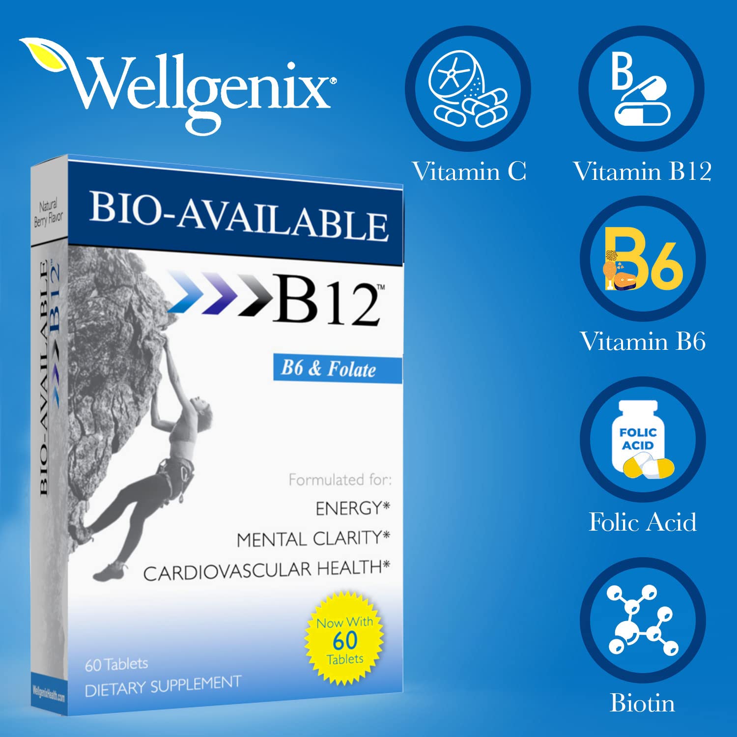 Wellgenix Bio Quotidien, ingrédients clés B12, B6, acide folique et biotine, soutien potentiel.