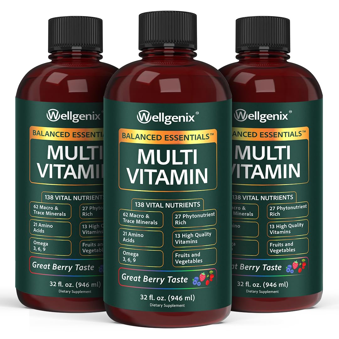 Wellgenix Essentiels Équilibrés Plus - Bouteille framboise, soutien immunitaire quotidien et énergie.