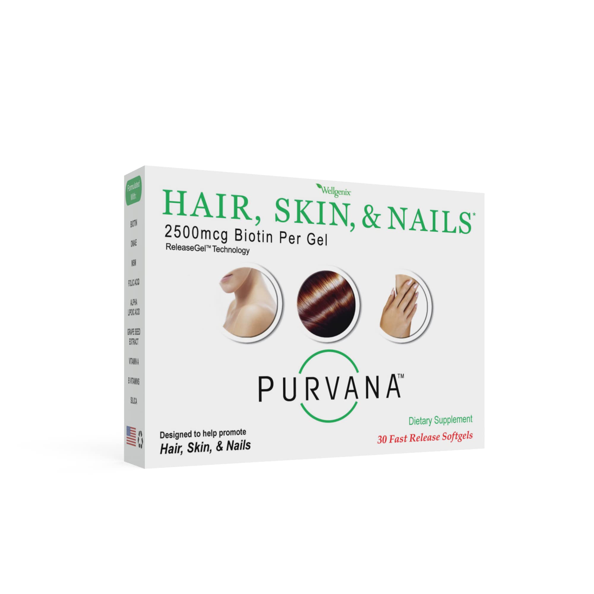 Purvana de Wellgenix, bouteille de gélules molles favorisant une absorption élevée pour cheveux et peau.