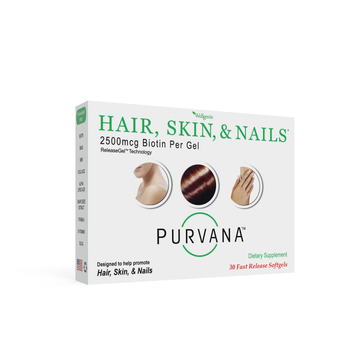 Purvana de Wellgenix, bouteille de gélules molles favorisant une absorption élevée pour cheveux et peau.