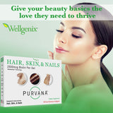 Étiquette Purvana montrant biotine et vitamines A et B pour cheveux, peau et ongles.