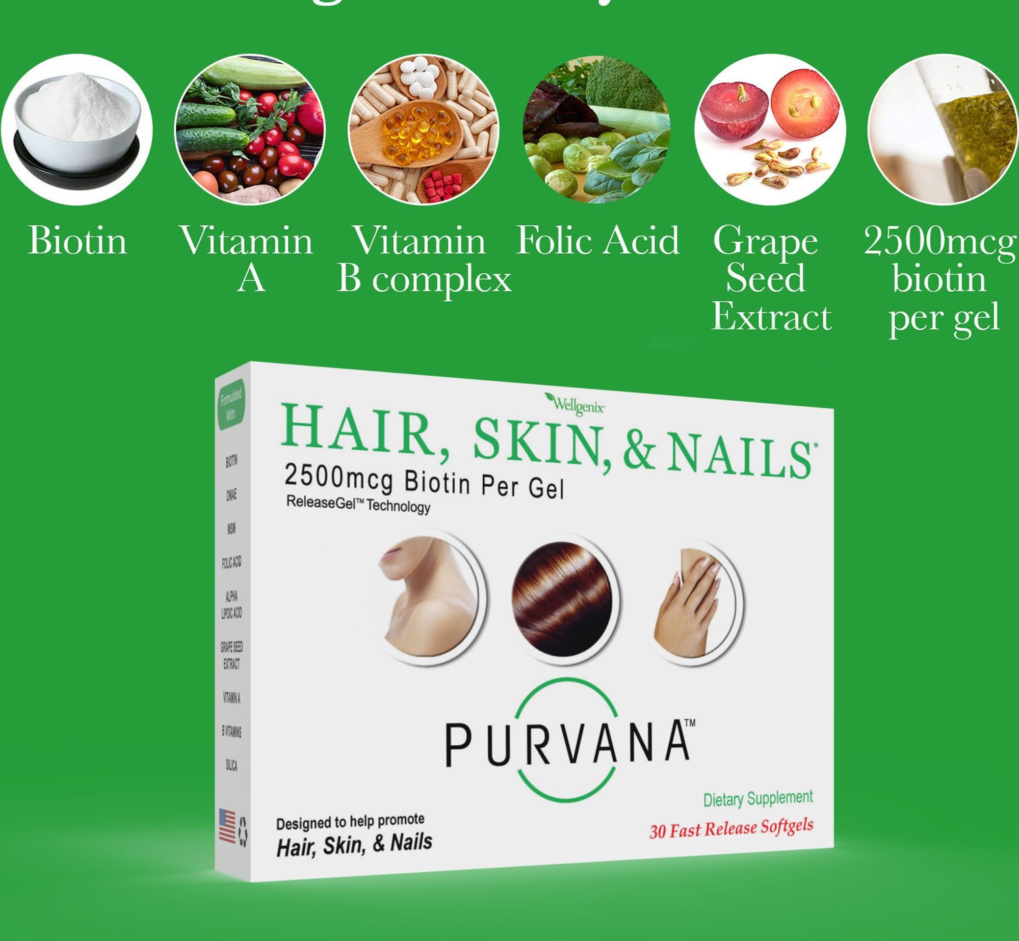 Ingrédients Purvana par Wellgenix, formule à base de biotine et extrait de raisin pour nourrir cheveux et peau.