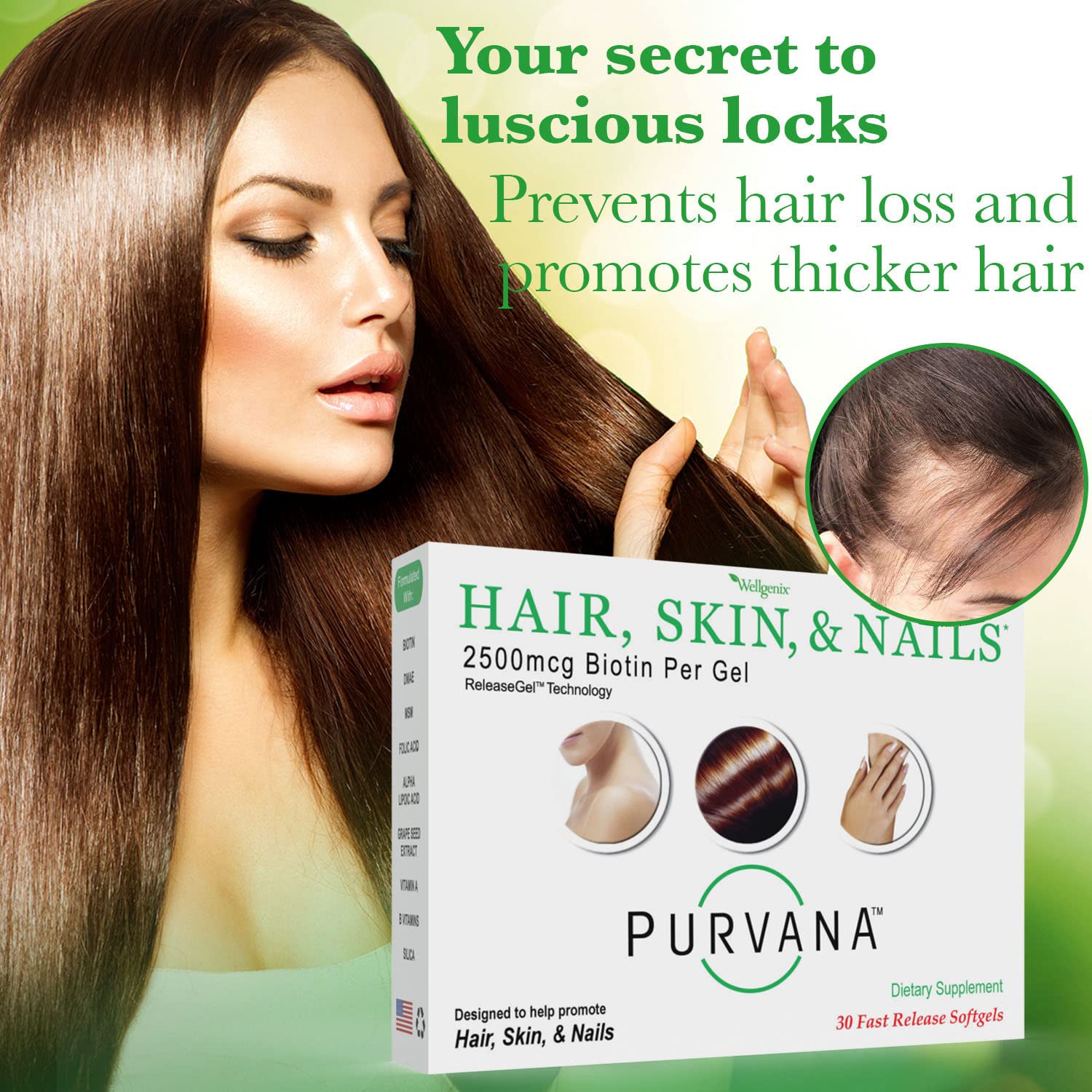 Cheveux plus forts et densité potentielle grâce à Purvana Wellgenix.