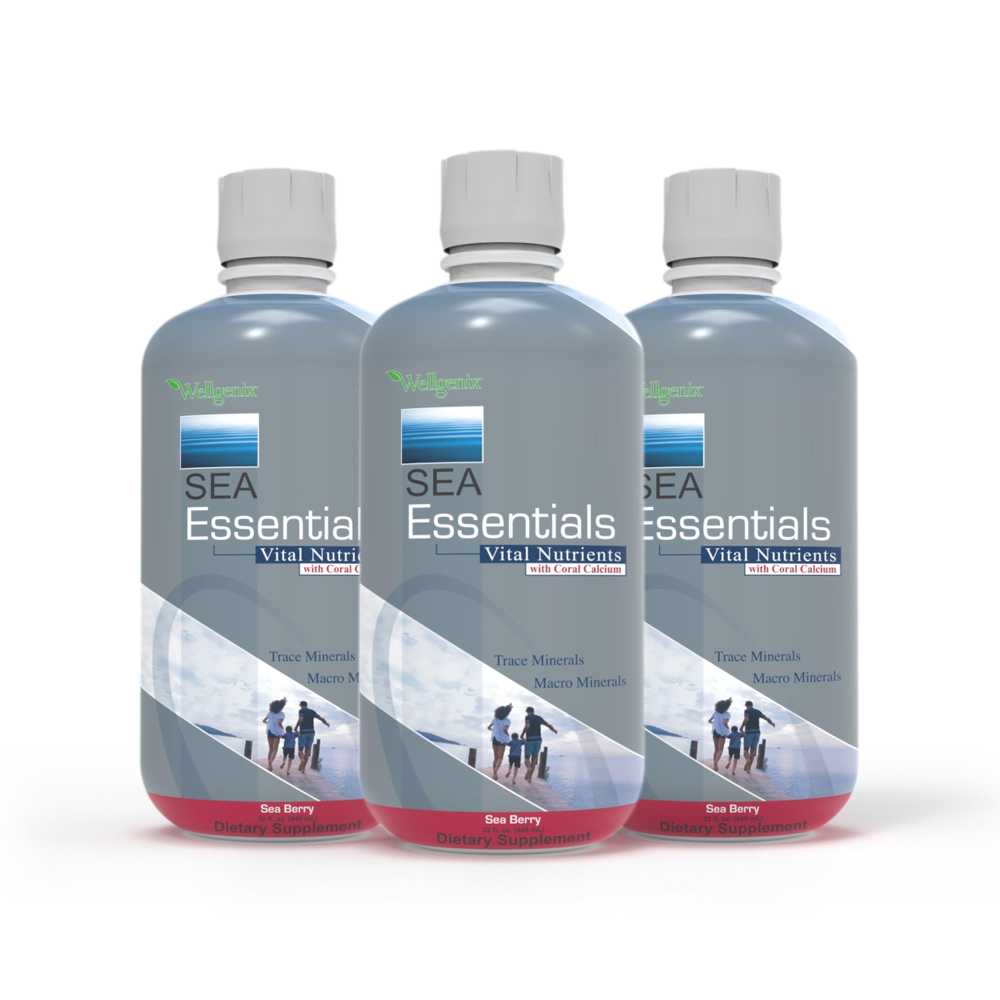 Wellgenix Sea Essentials présente la bouteille liquide de minéraux pour l'usage quotidien.