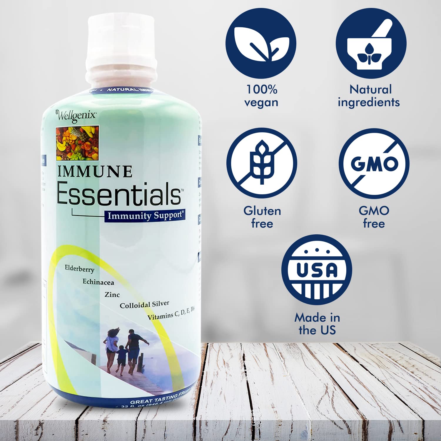 Wellgenix Sureau Echinacee Zinc: flacon-liquide fruité prêt à l'emploi.