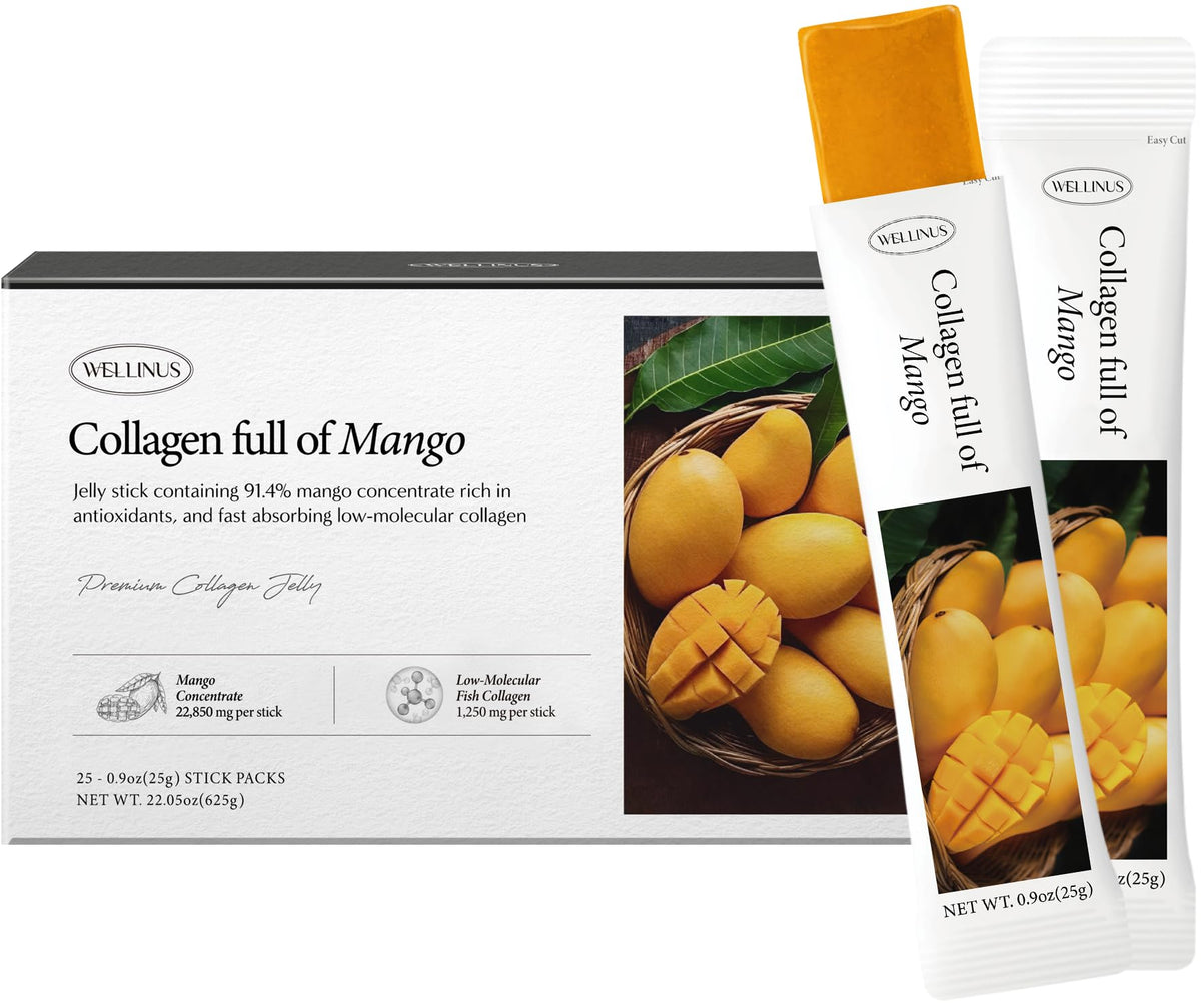 Wellinus stick collagène marine mangue, emballage voyage pratique pour la routine beauté.