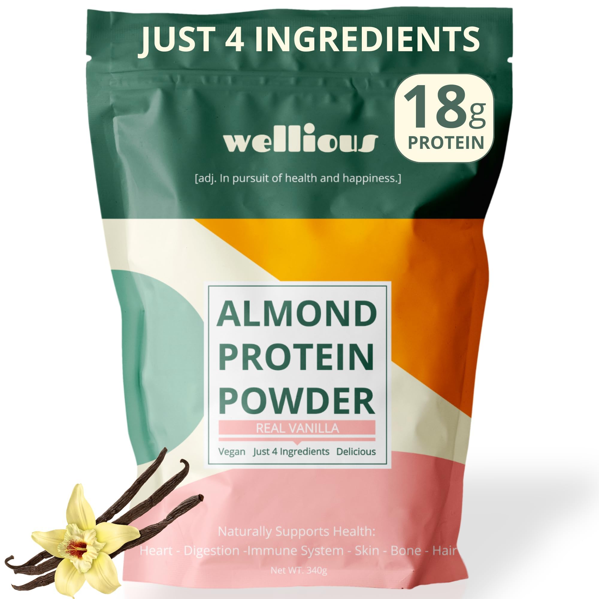 Wellious poudre protéinée d'amande vanille dans sa bouteille pratique.