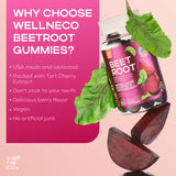 Wellneco Beet Chews : ingrédients nature, betterave et cerise, sans OGM et sans gélatine.