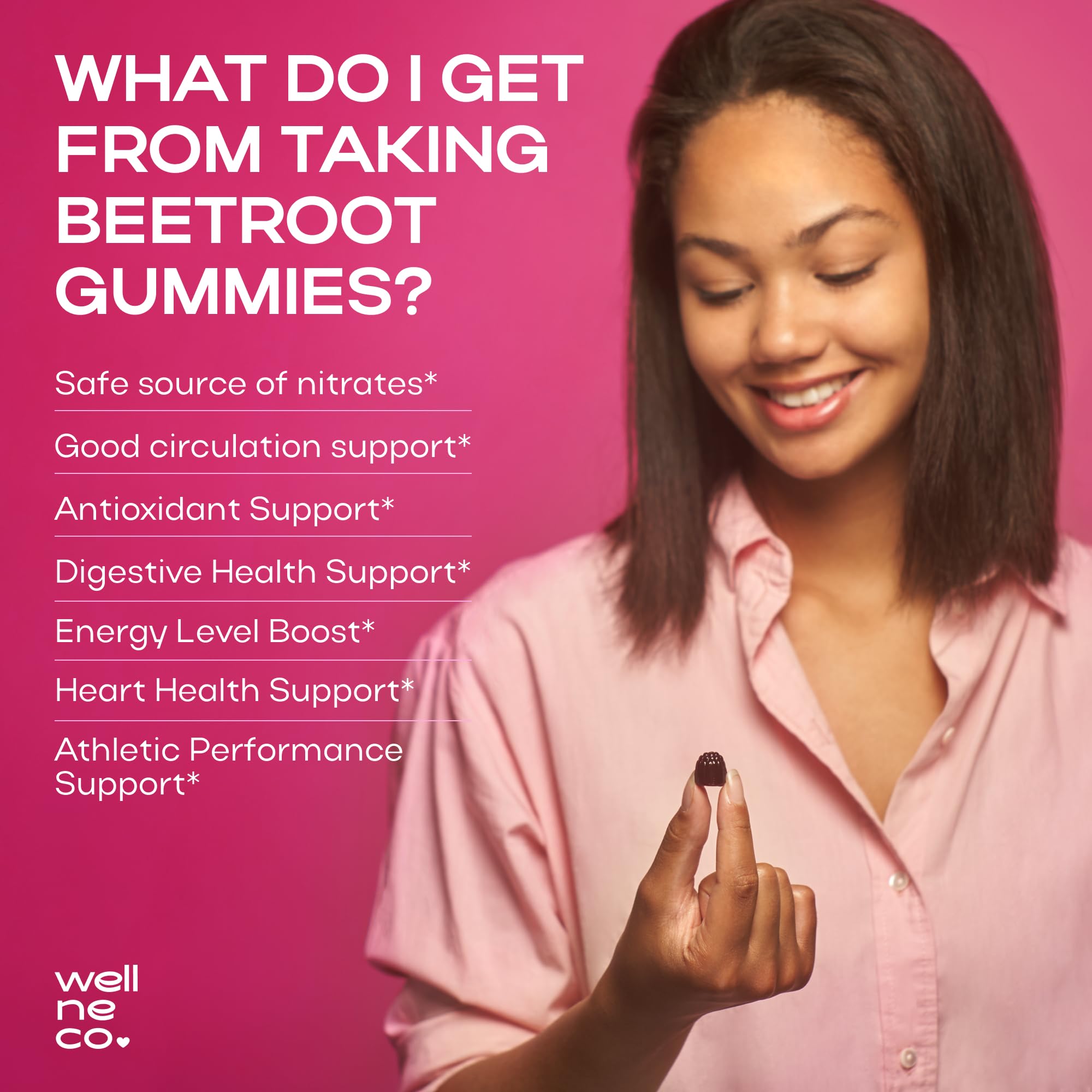 Wellneco Beet Chews : gommes rouges en gros plan, goût cerise acide.