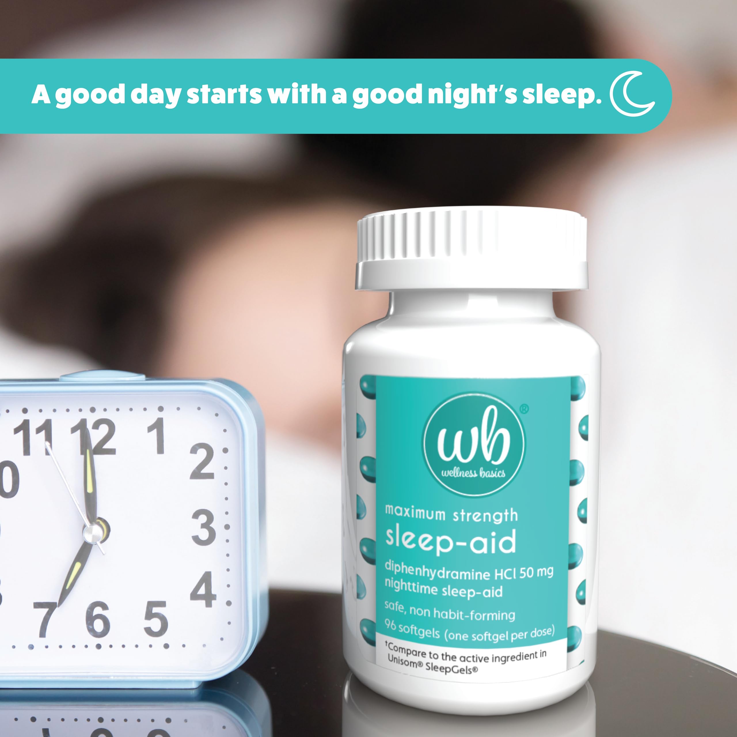 Wellness Basics Diphenhydramine 50 mg: étiquette lisible indiquant le dosage et les précautions.