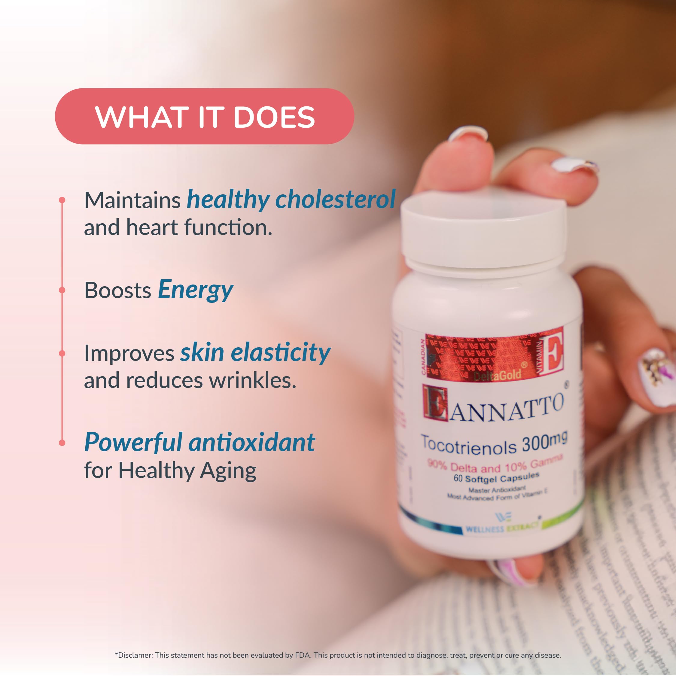 Wellness Extract Eannatto Tocotrienols – boîte blister, présentation claire et pratique.