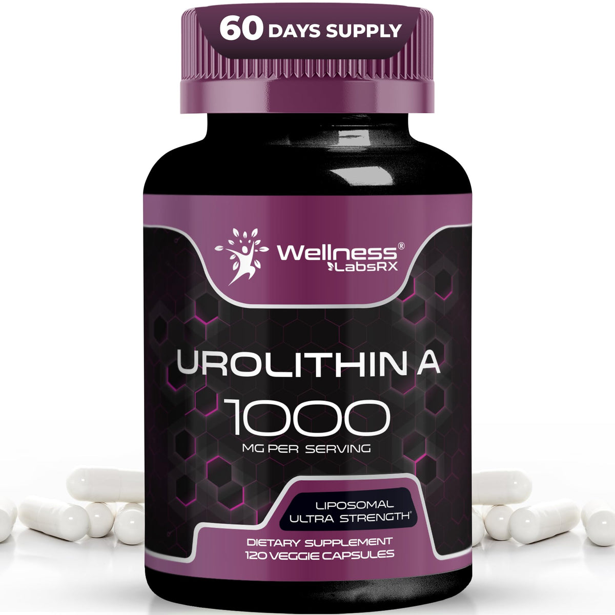 Wellness LabsRx Liposomal Urolithin A – bouteille capsules liposomales et énergie cellulaire.