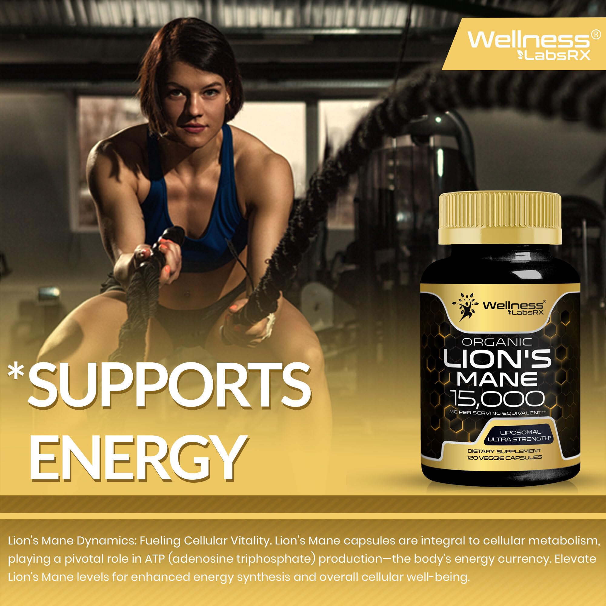 Capsules Lions Mane WELLNESS LABSRX offrant une énergie soutenue au quotidien