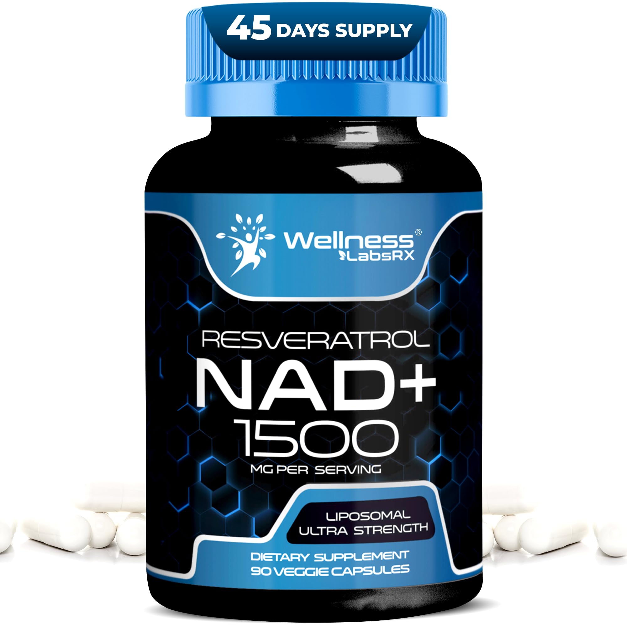 Wellness LabsRx NAD liposomal: flacon et capsules pour énergie soutenue.