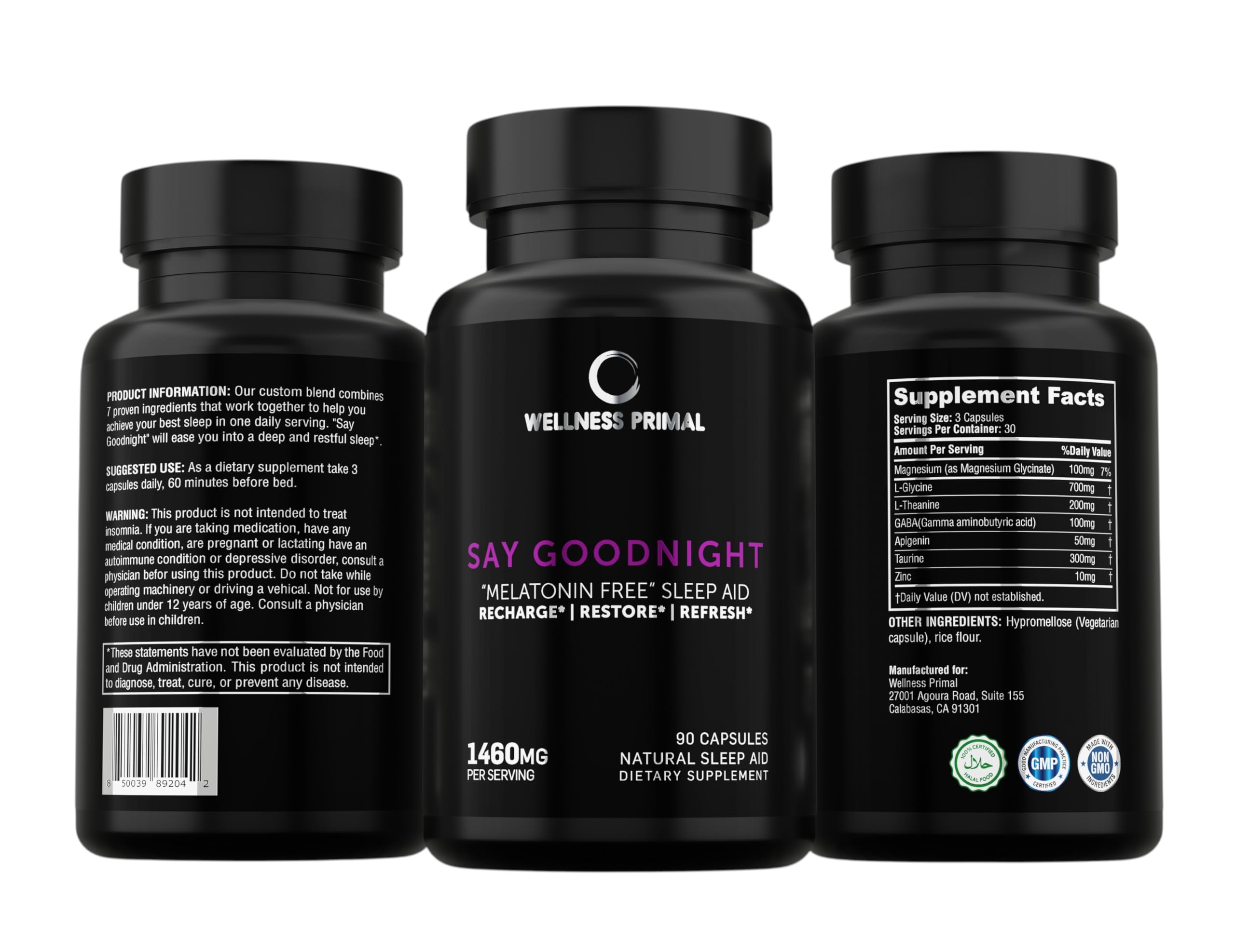 Étiquette Wellness Primal Sommeil sans melatonine – informations claires sur les ingrédients apaisants