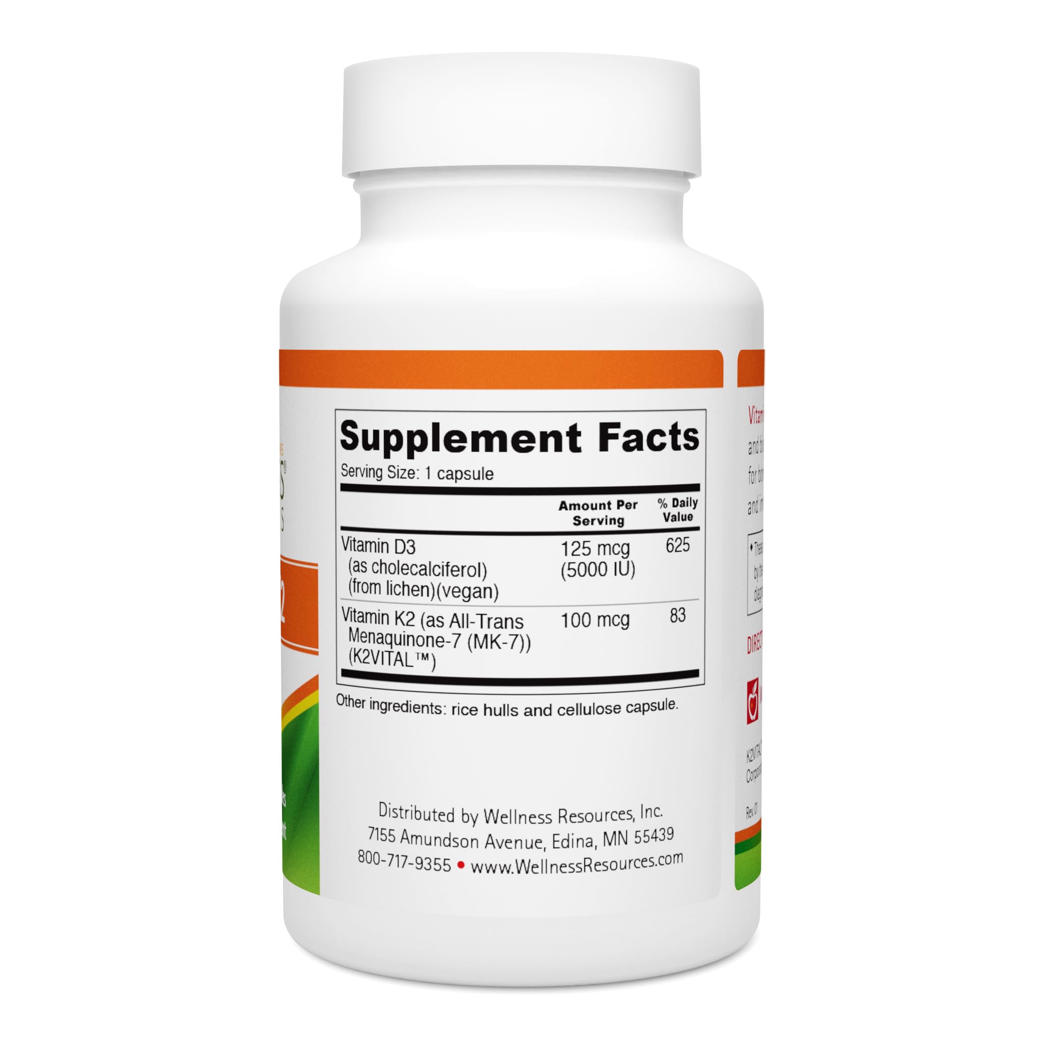 Wellness Resources D3 K2 – étiquette et notice, clarté d’information sur les bénéfices potentiels.
