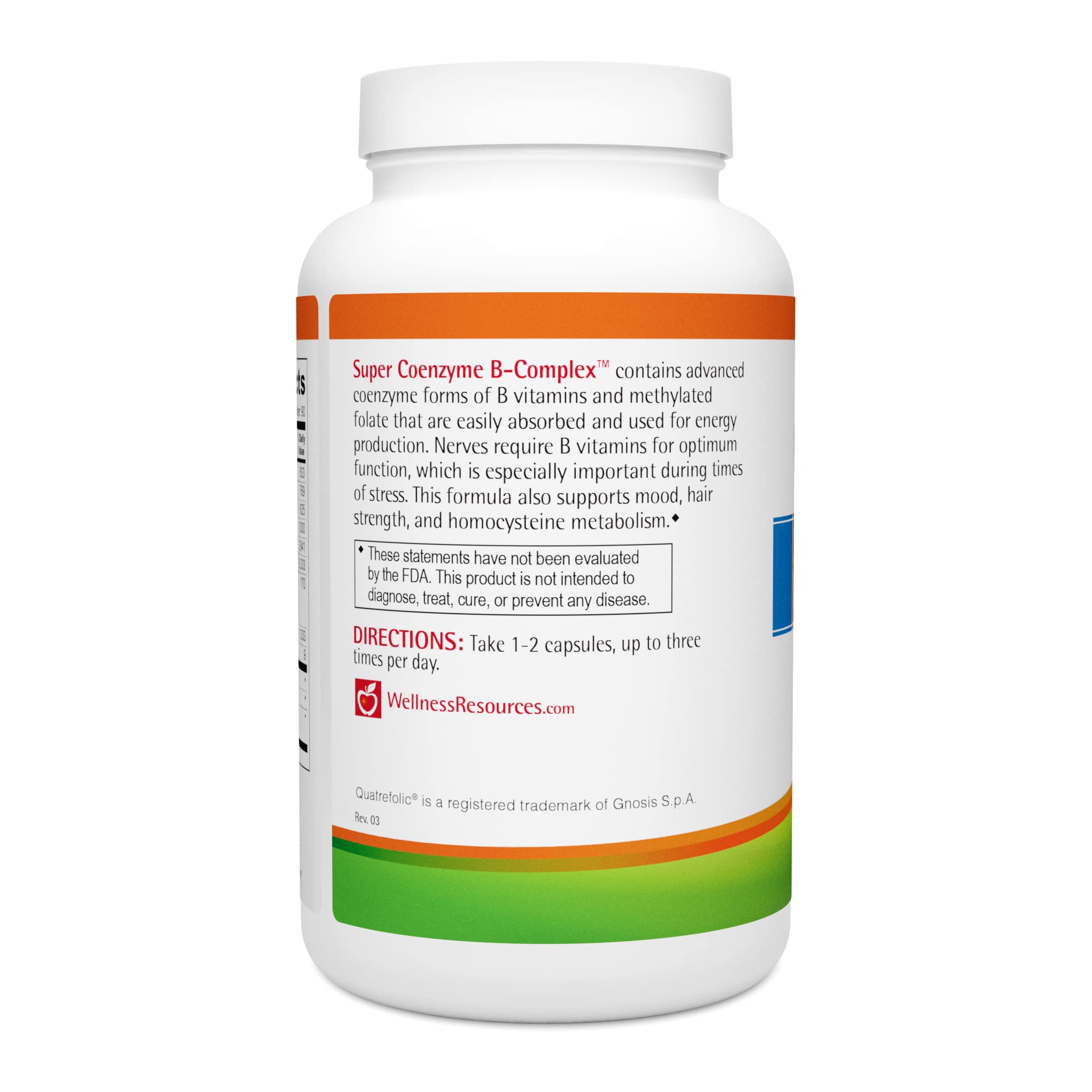 Boîte Wellness Resources Super Coenzyme B Complex montrant informations sans gluten et sans allergènes