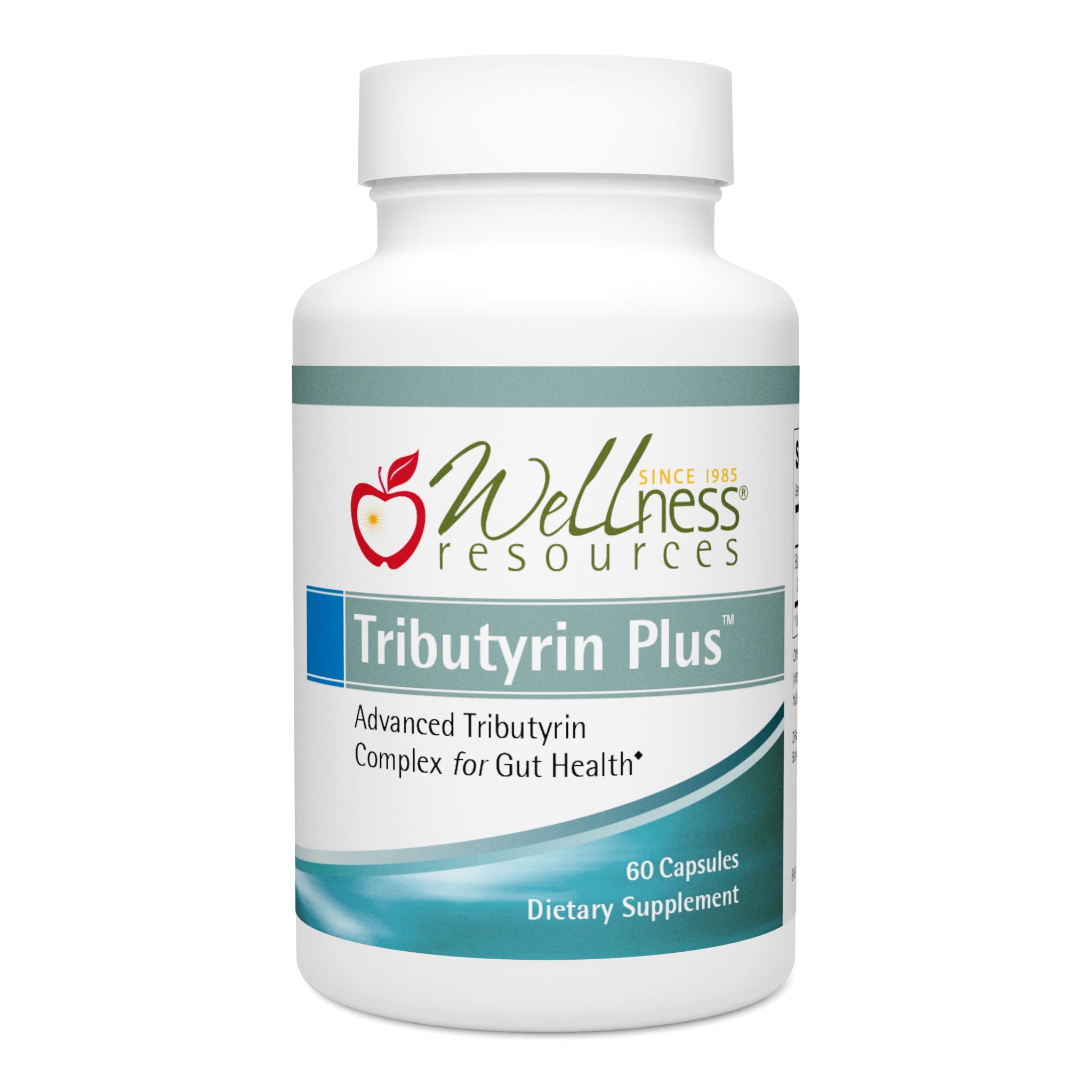 Wellness Resources Tributyrin Plus dans une bouteille montrant le packaging et soutien potentiel à l'équilibre intestinal.