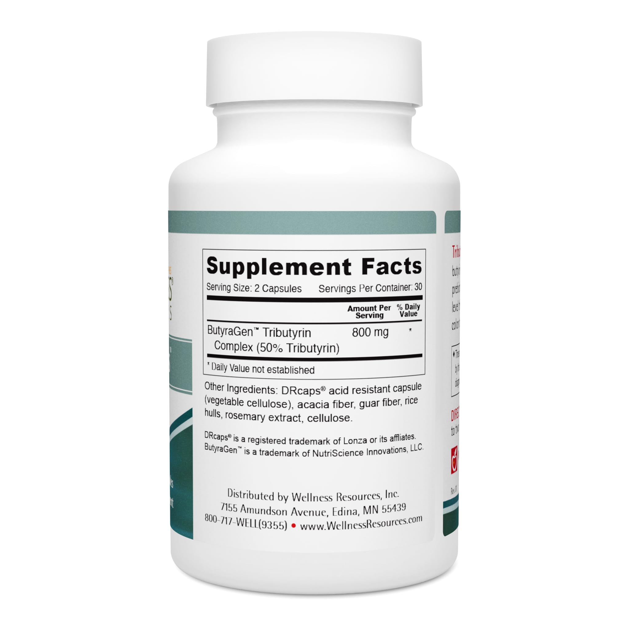 Gelules vegetales Wellness Resources Tributyrin Plus prêtes pour absorption efficace.