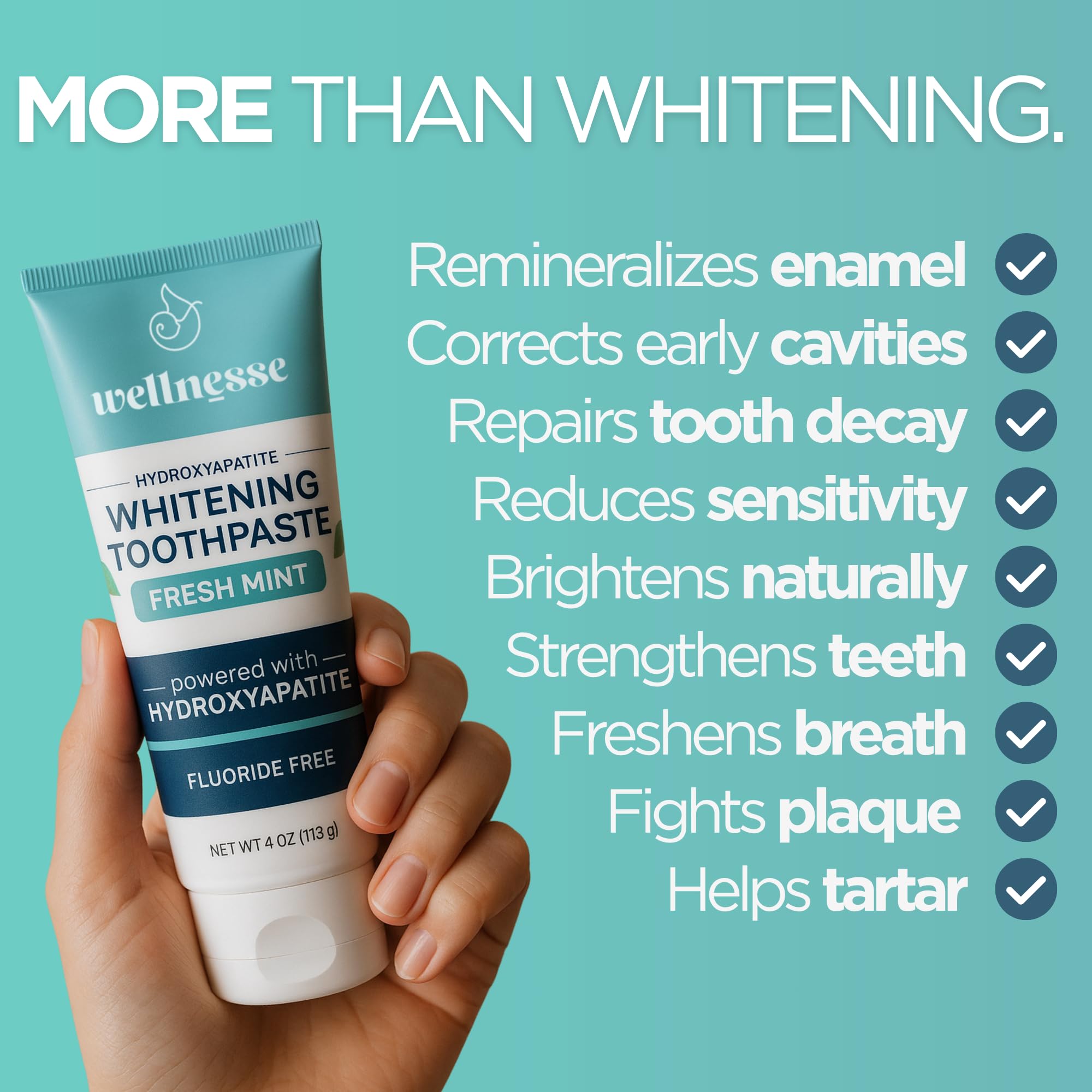 Wellnesse dentifrice blanchiment naturel sans fluor pour un sourire clair.