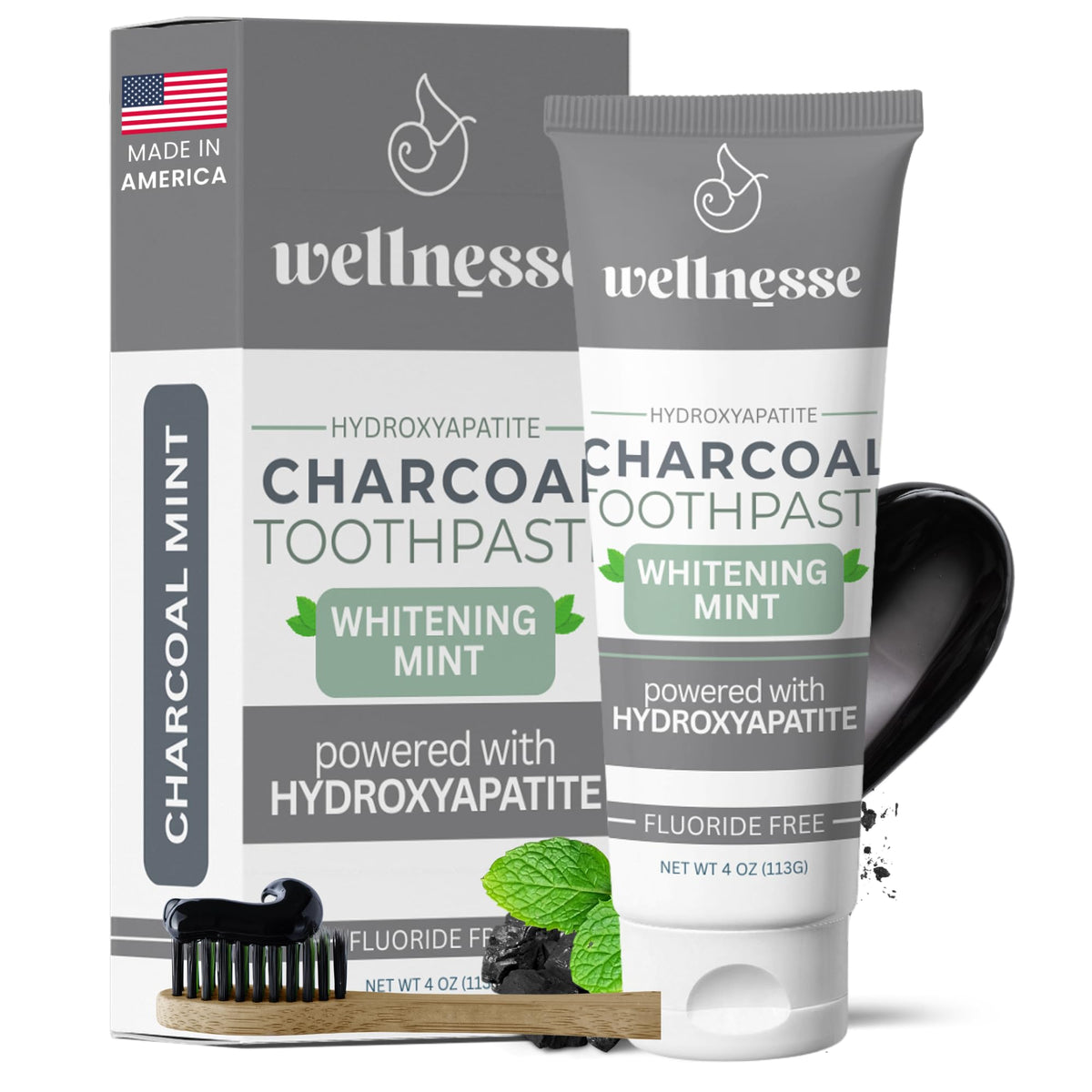Wellnesse dentifrice charbon actif - emballage présentant le soin naturel