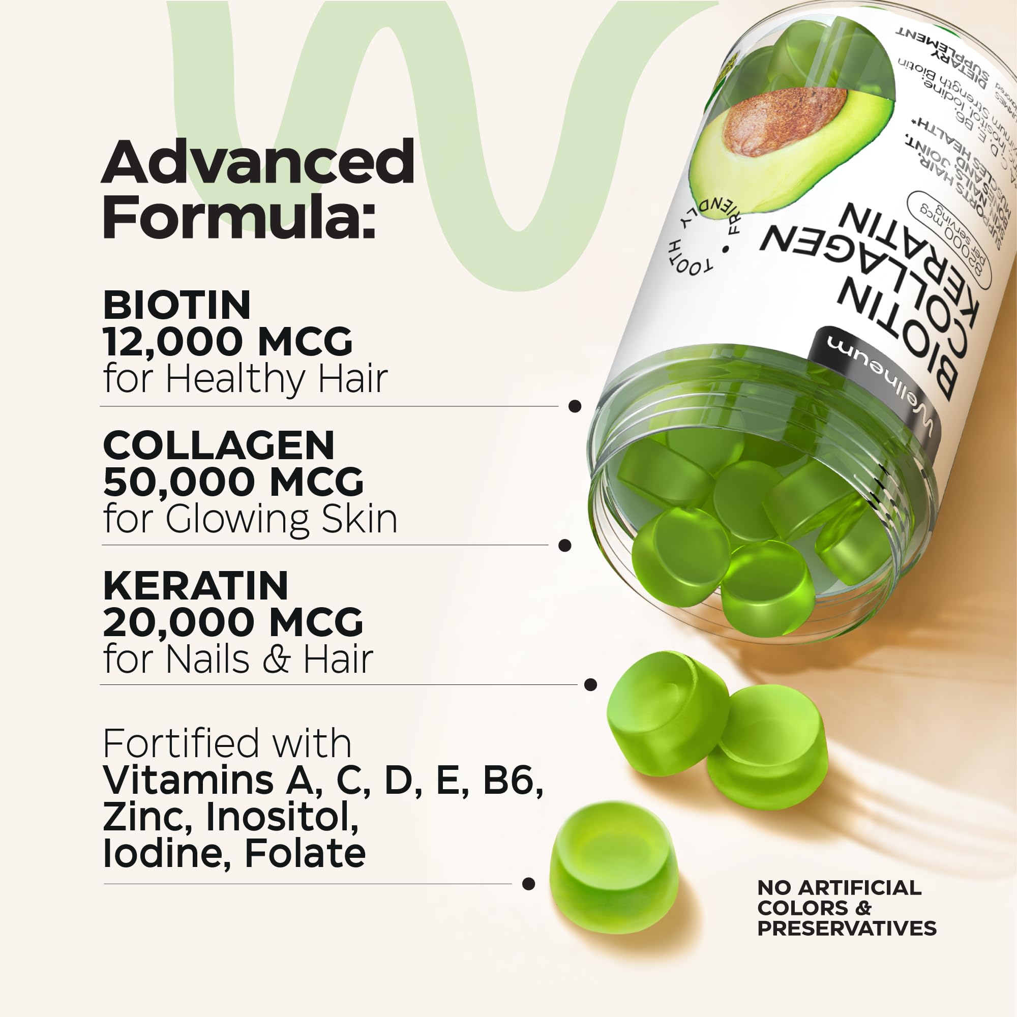 Étiquette Wellneum indiquant 12 000 mcg de biotine pour cheveux.