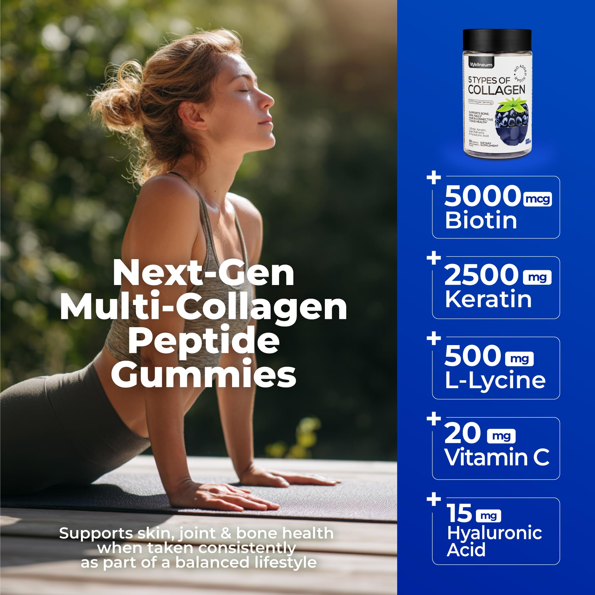 Wellneum® gommes collagène en main, texture douce et utilisation quotidienne possible.