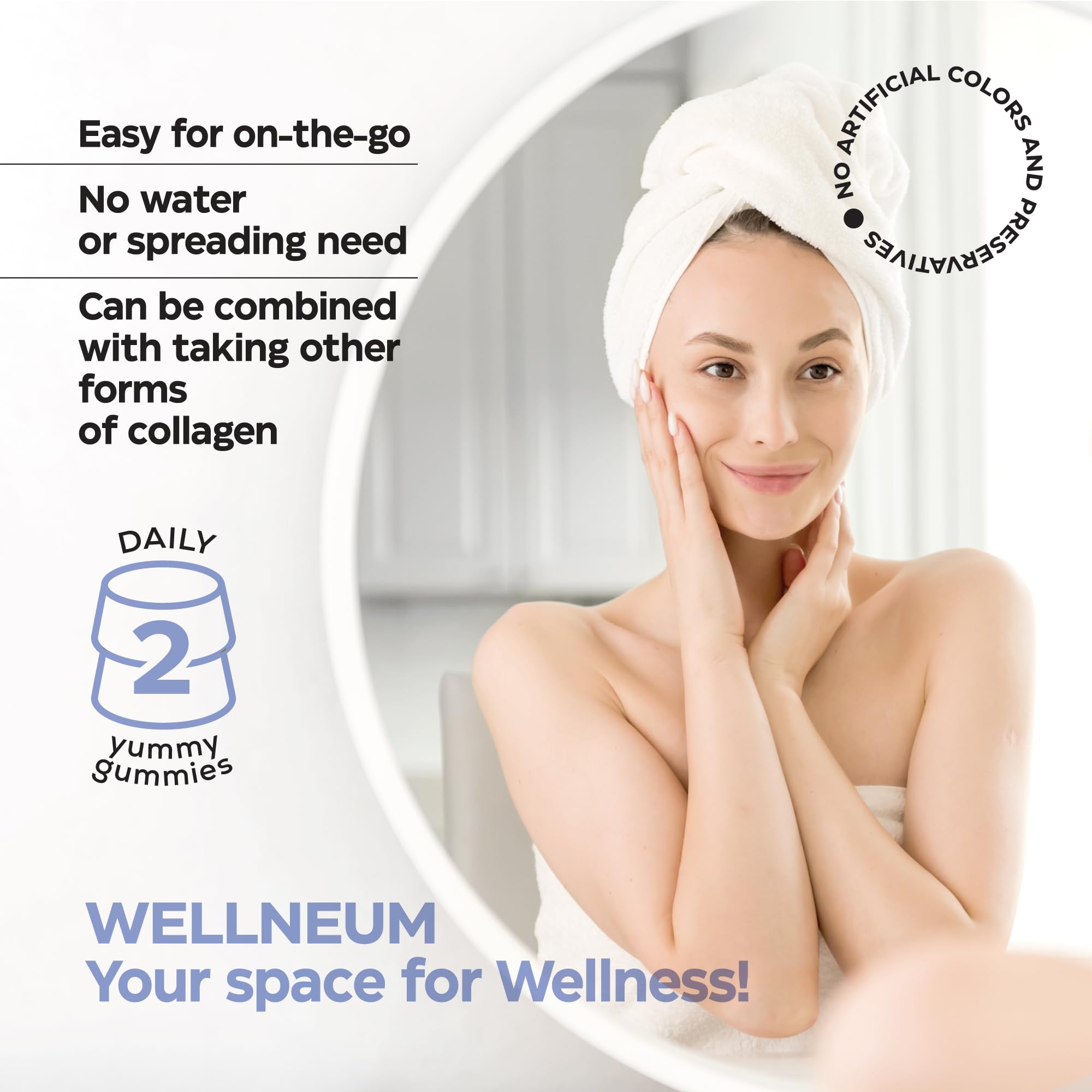 Wellneum® gommes collagène texture douce, expérience agréable lors de la prise journalière.