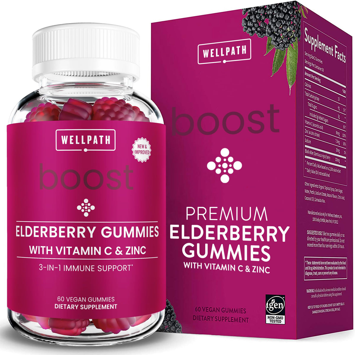 WellPath Boost, bouteille de gummies au sureau noir montrant le pack et la texture