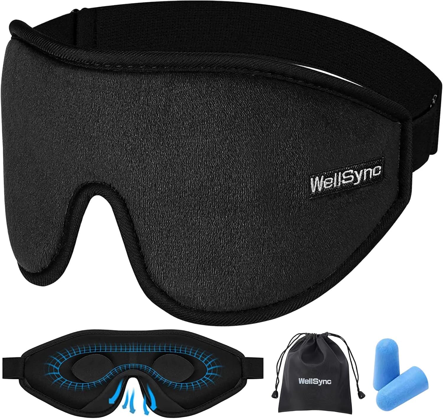 WellSync masque-sommeil 3D zéro pression, confort oculaire et occultation lumineuse.