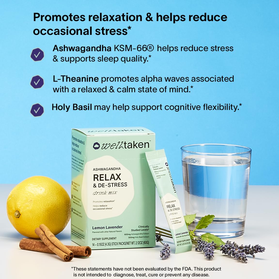 WellTaken Ashwagandha citron-lavande sachets faciles à mélanger le soir
