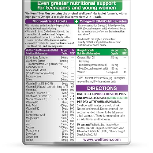 Wellteen Her Plus – capsules oméga-3 DHA/EPA soutiennent concentration et vision.