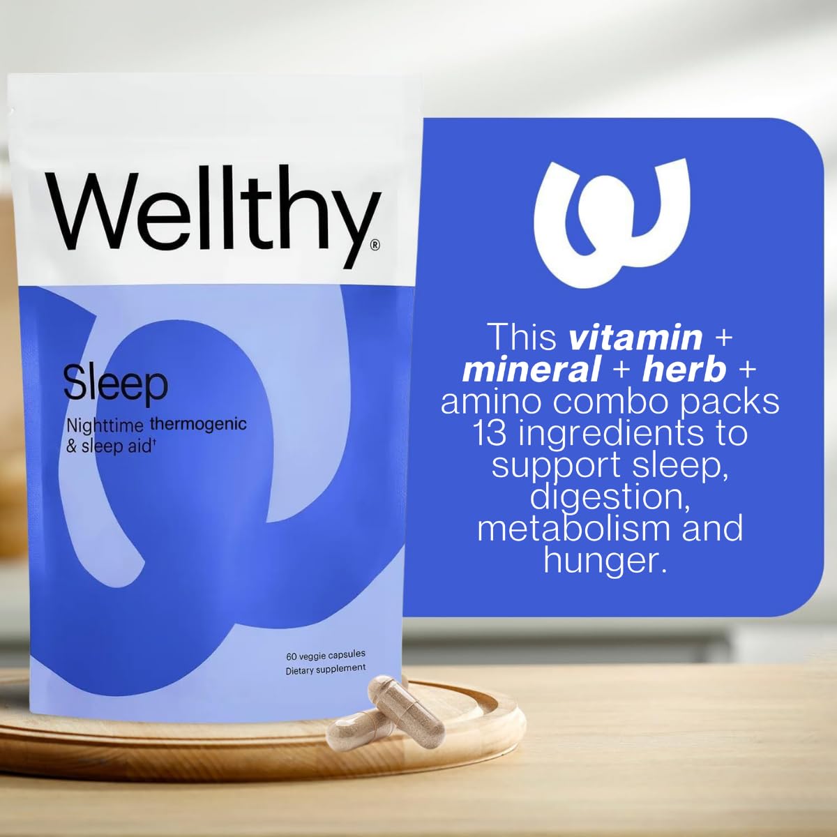 Wellthy Night Time Thermogenic – emballage éco-responsable, produit végan et sans allergènes.