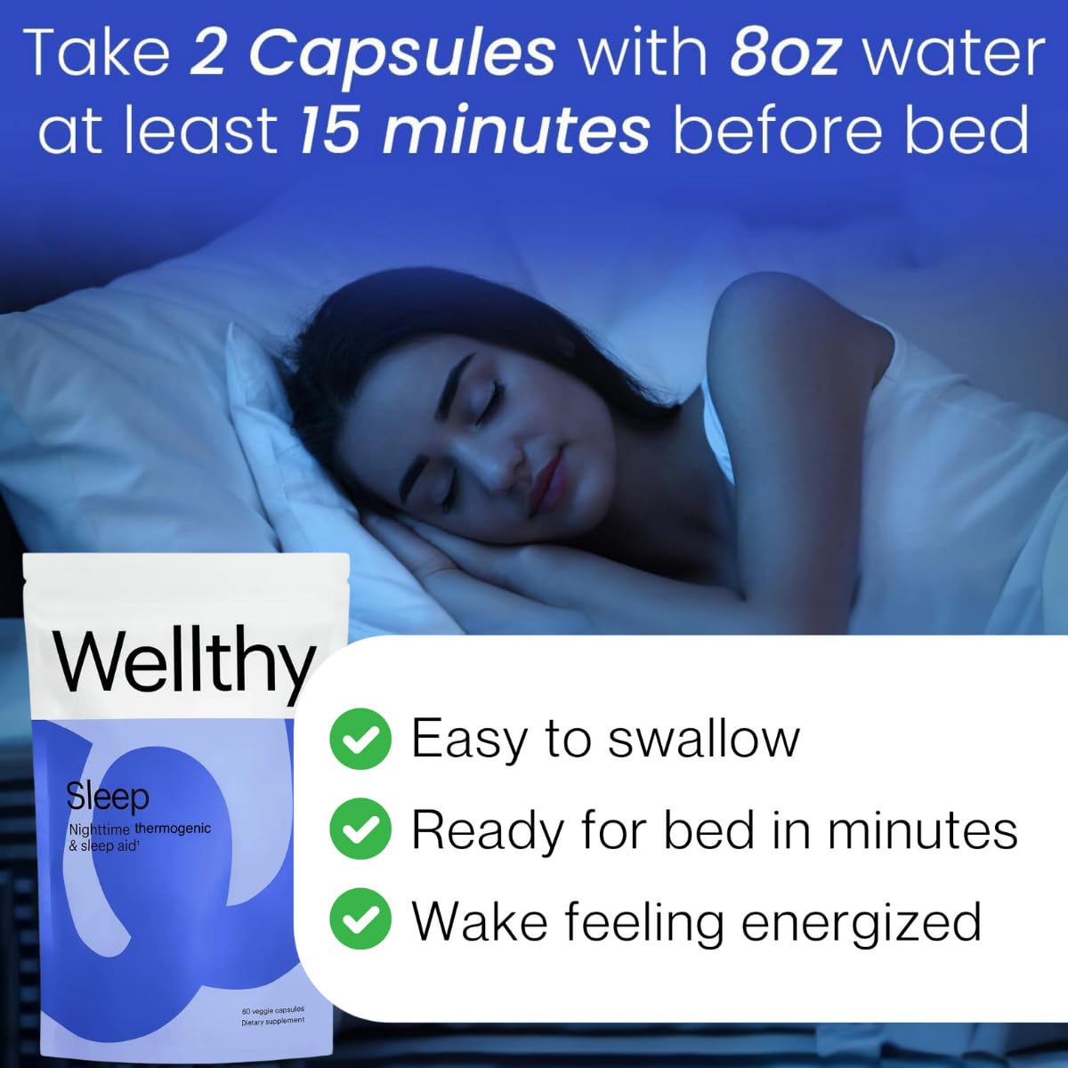 Wellthy Night Time Thermogenic – scène nocturne avec gélules prêtes à être prises en soirée.
