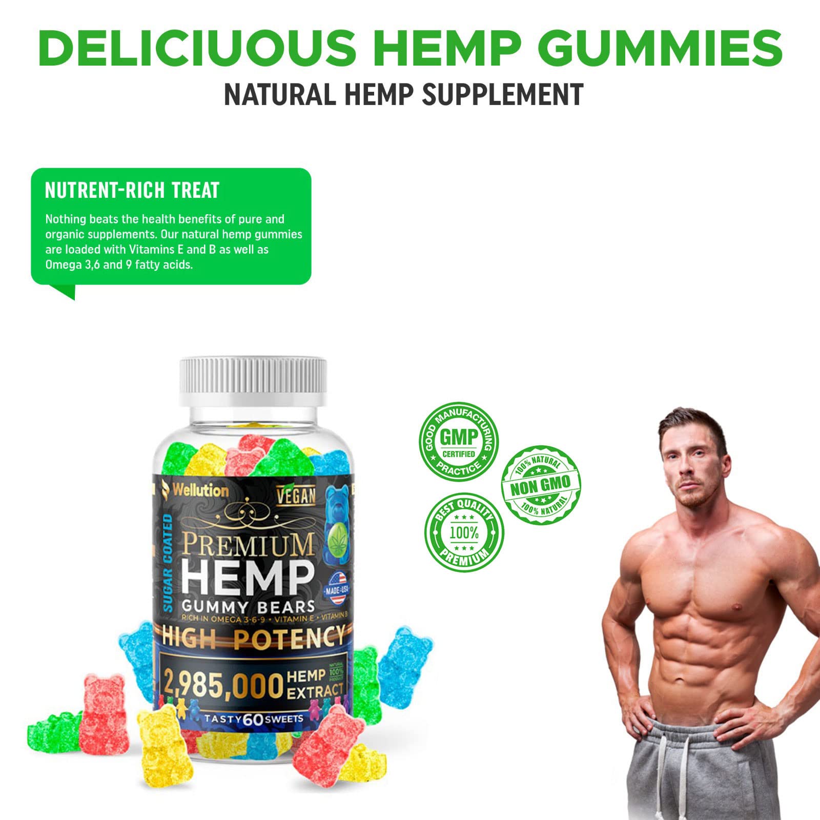 Gommes WELLUTION riches en oméga-3-6-9, soutien nutritionnel possible.