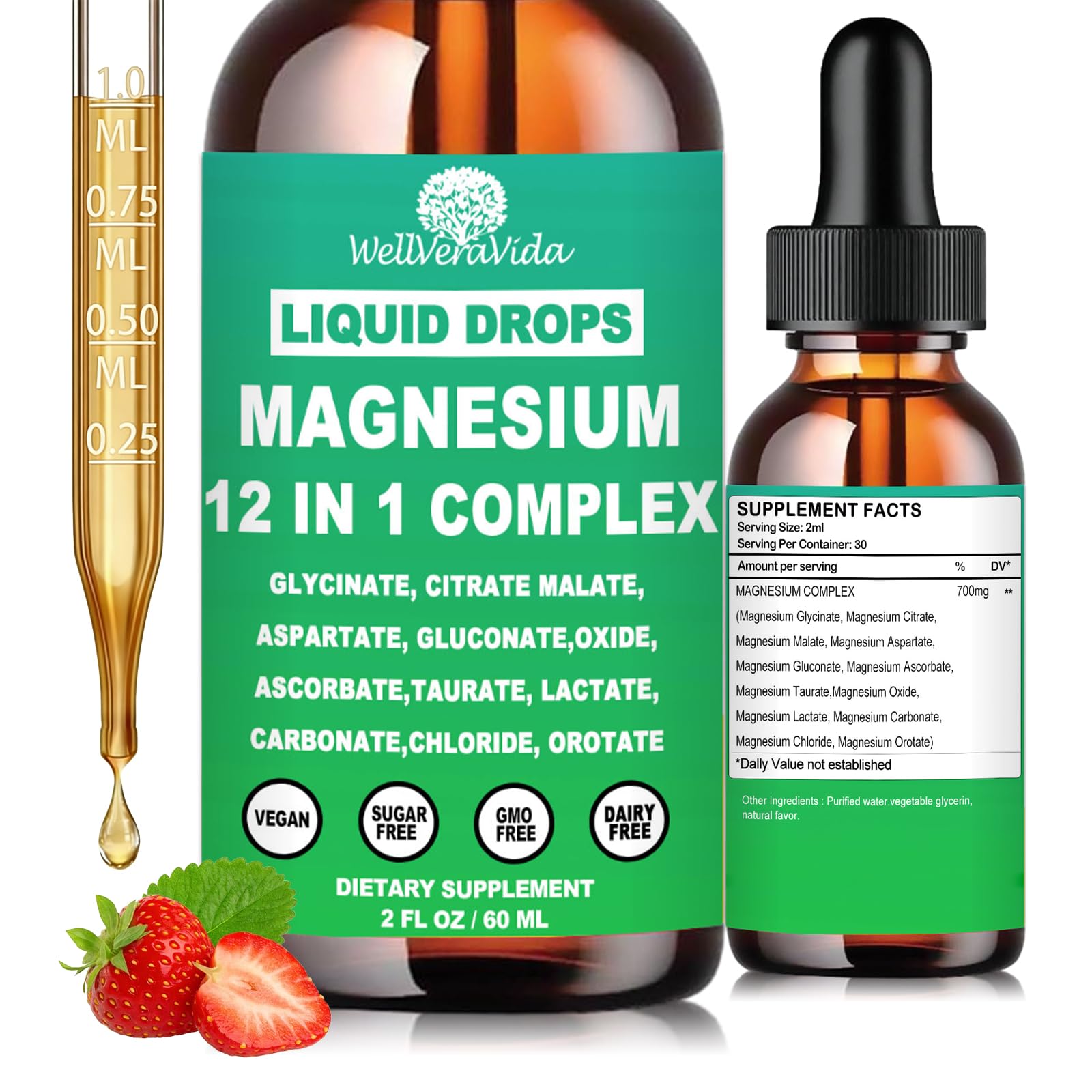 WellVeraVida flacon gouttes magnesium 12 en 1 fraise absorption rapide