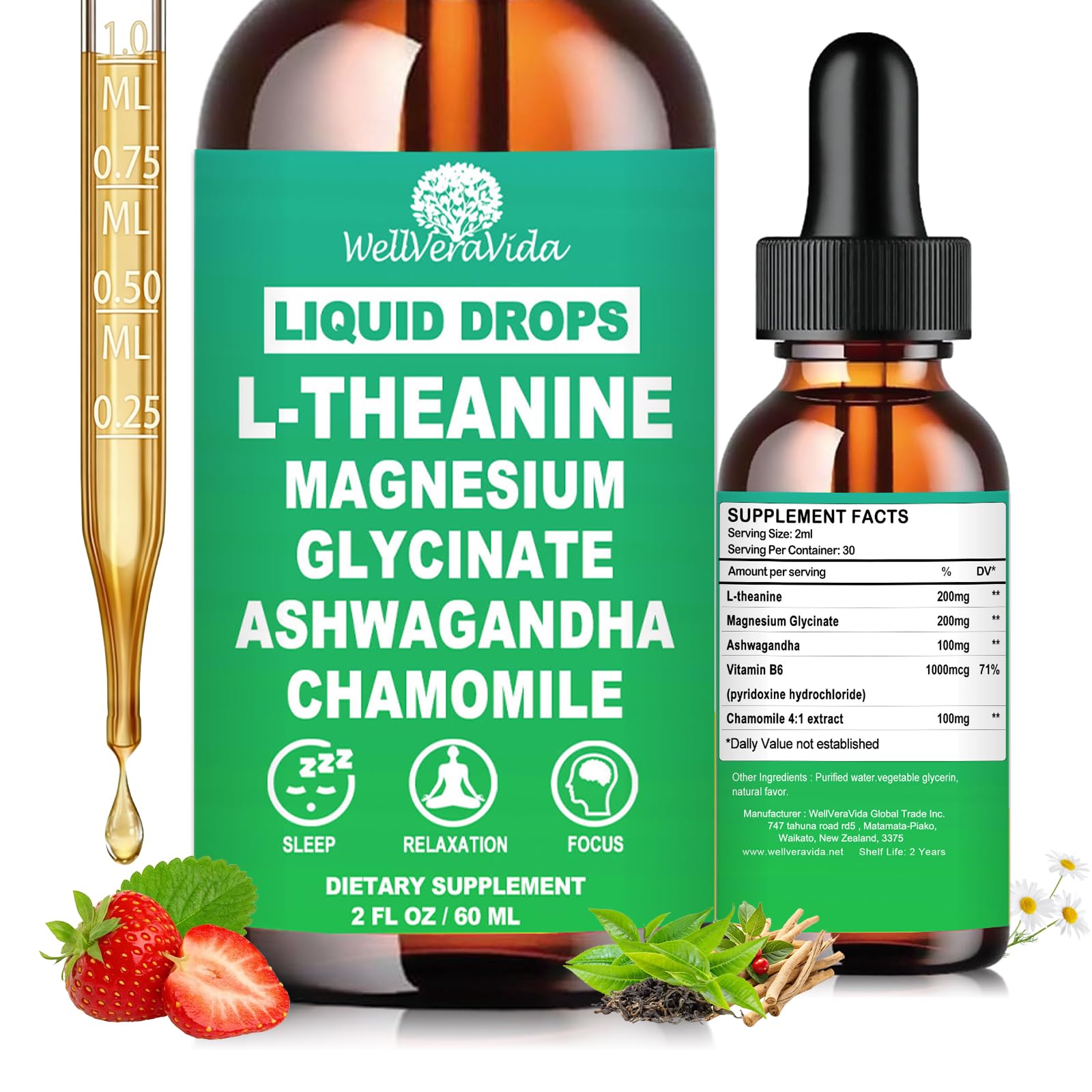 WellVeraVida L-Theanine en gouttes, bouteille présentée, détente et concentration possibles.