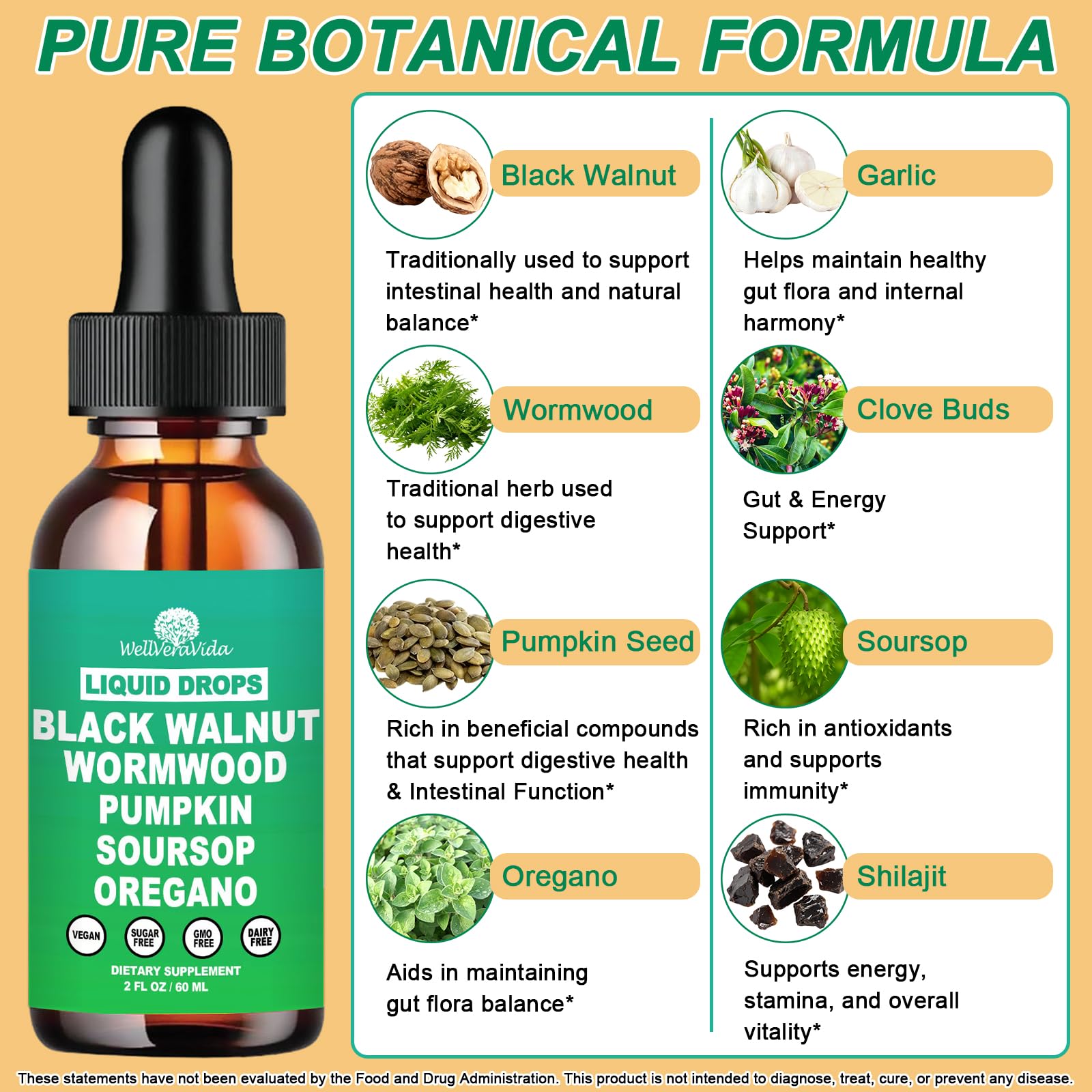 WellVeraVida noix-noire liposomal : gouttes favorisant l'équilibre intestinal et une détox potentielle.